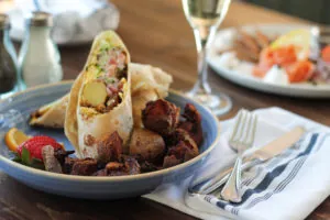 Brunch on plates with drink