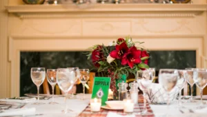 Event table with waters and flowers in vase